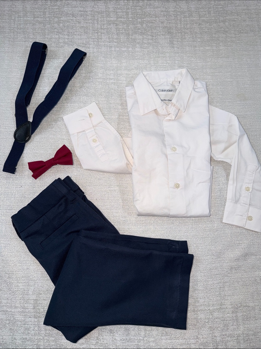 Haggar 4t Boys Navy Dress Pants, Calvin Klein White Shirt, suspenders & Bow Tie